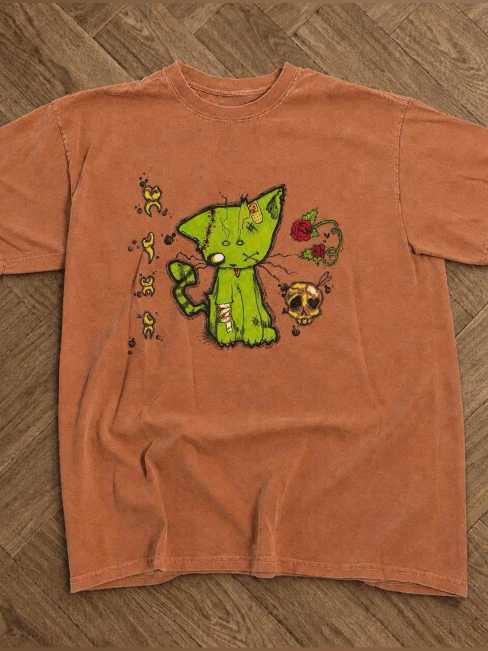Green Kitty Graphic Cat T-Shirt - Rust Orange